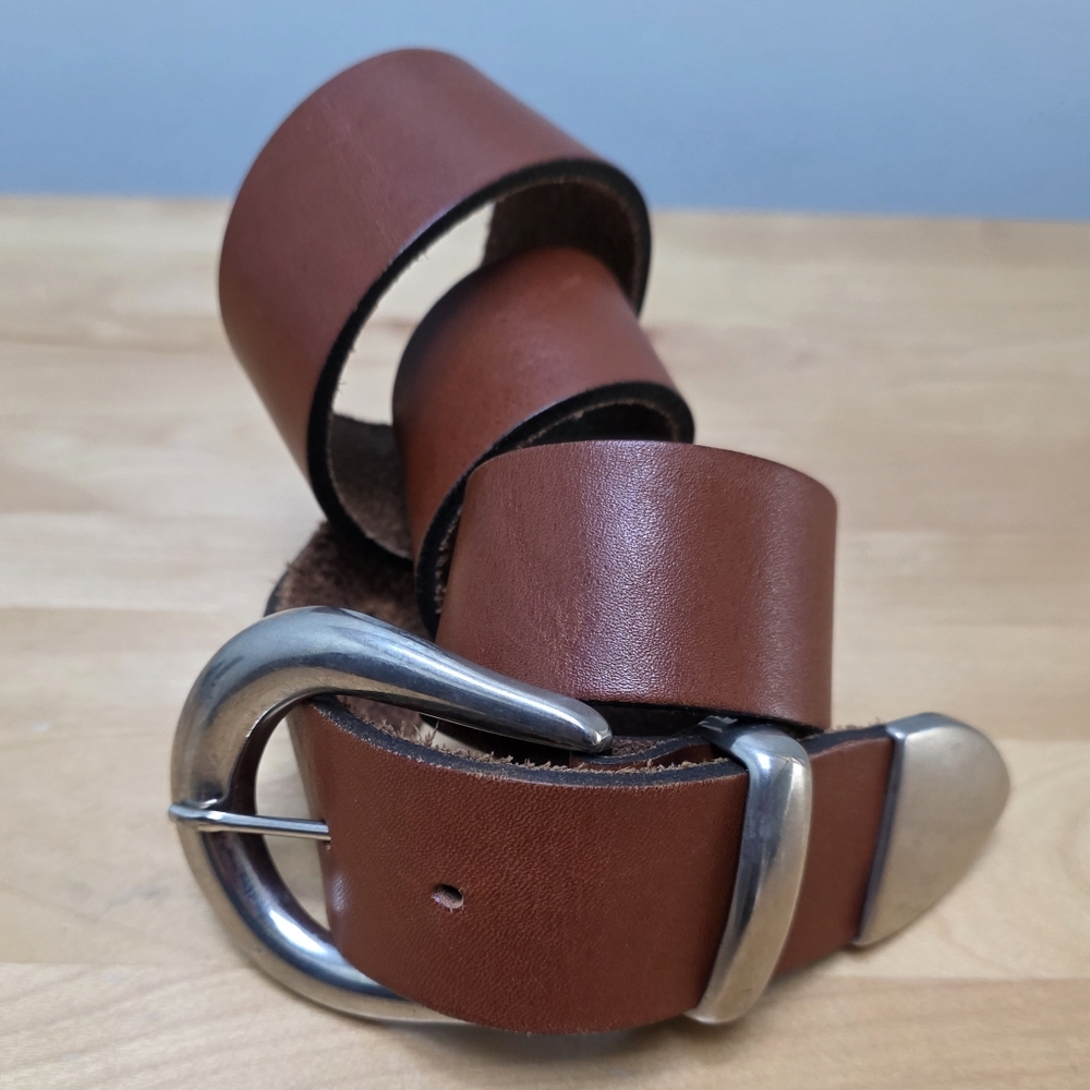 ROBBIE NELSON | Tan Leather Belt Silver Hardware.  40"